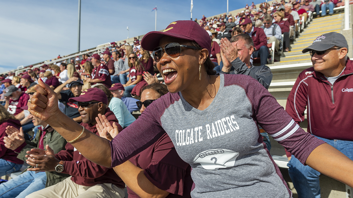 Fan cheers Colgate football during Bicentennial Kickoff Weekend