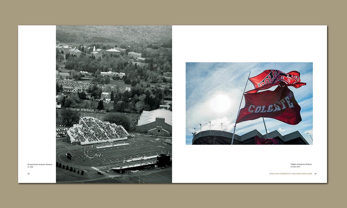 An aerial photo of a nearly full Andy Kerr stadium during a football game, and a photo of two Colgate flags flying behind the stadium